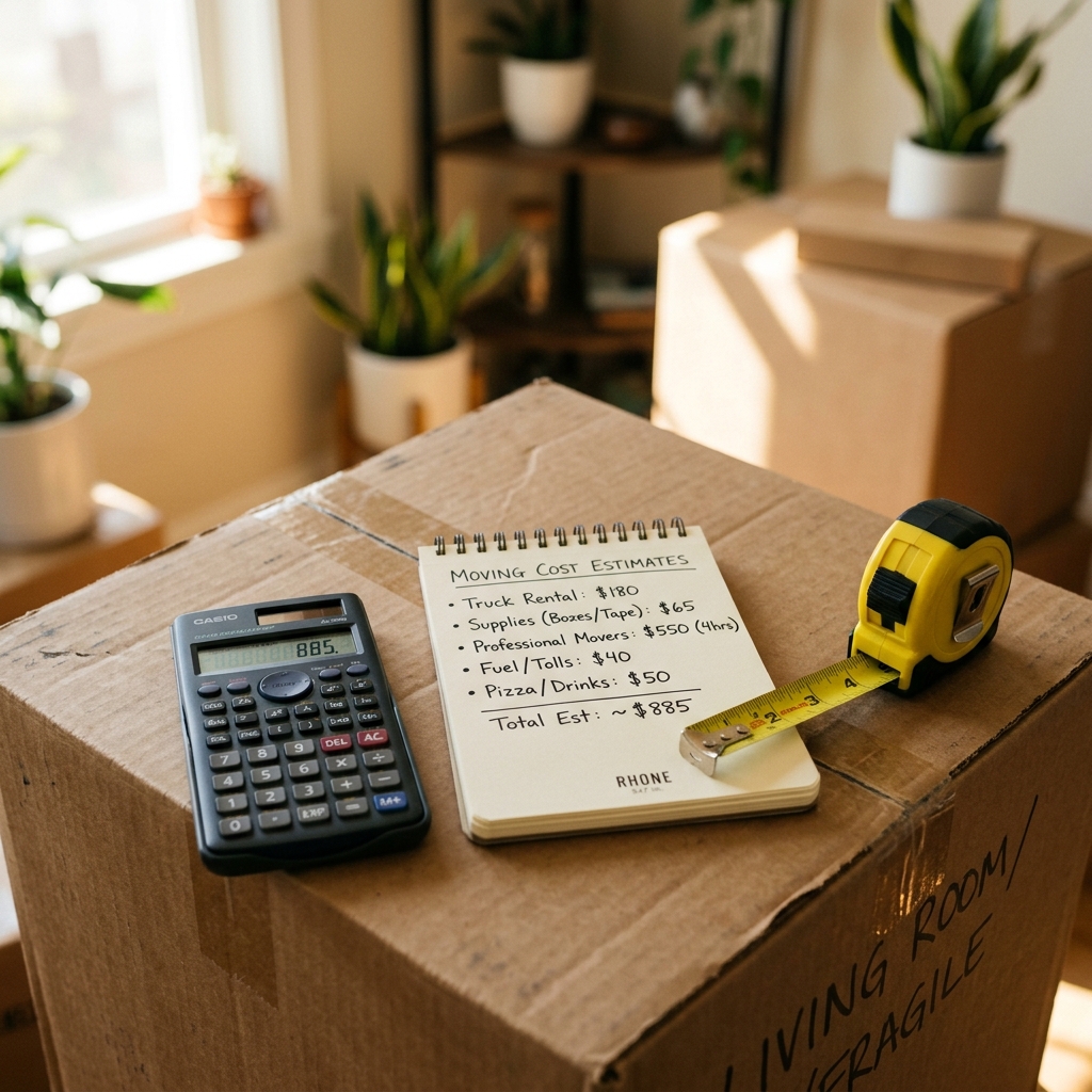 A calculator, notepad with cost estimates and measuring tape on a moving box
