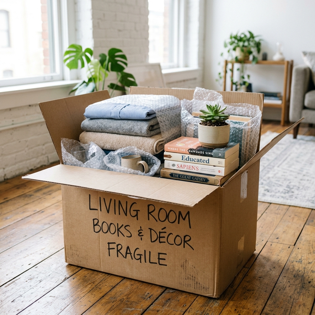 An open moving box packed with clothes, books and bubble wrap, labelled with a black marker