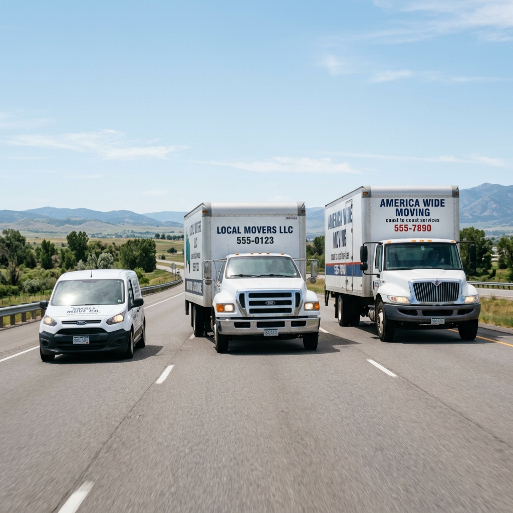 Three different sizes of moving vehicles side by side: a small cargo van, medium box truck and large moving lorry