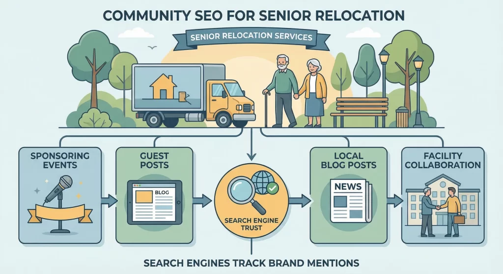 Community SEO reflects involvement, partnerships, and visibility.