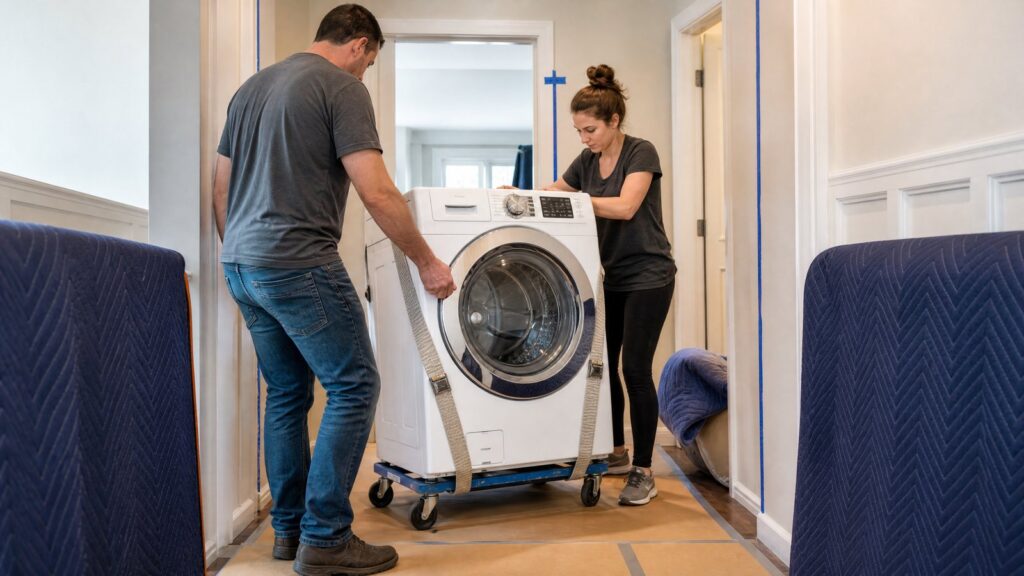 Two movers using an appliance dolly to move an upright washing machine