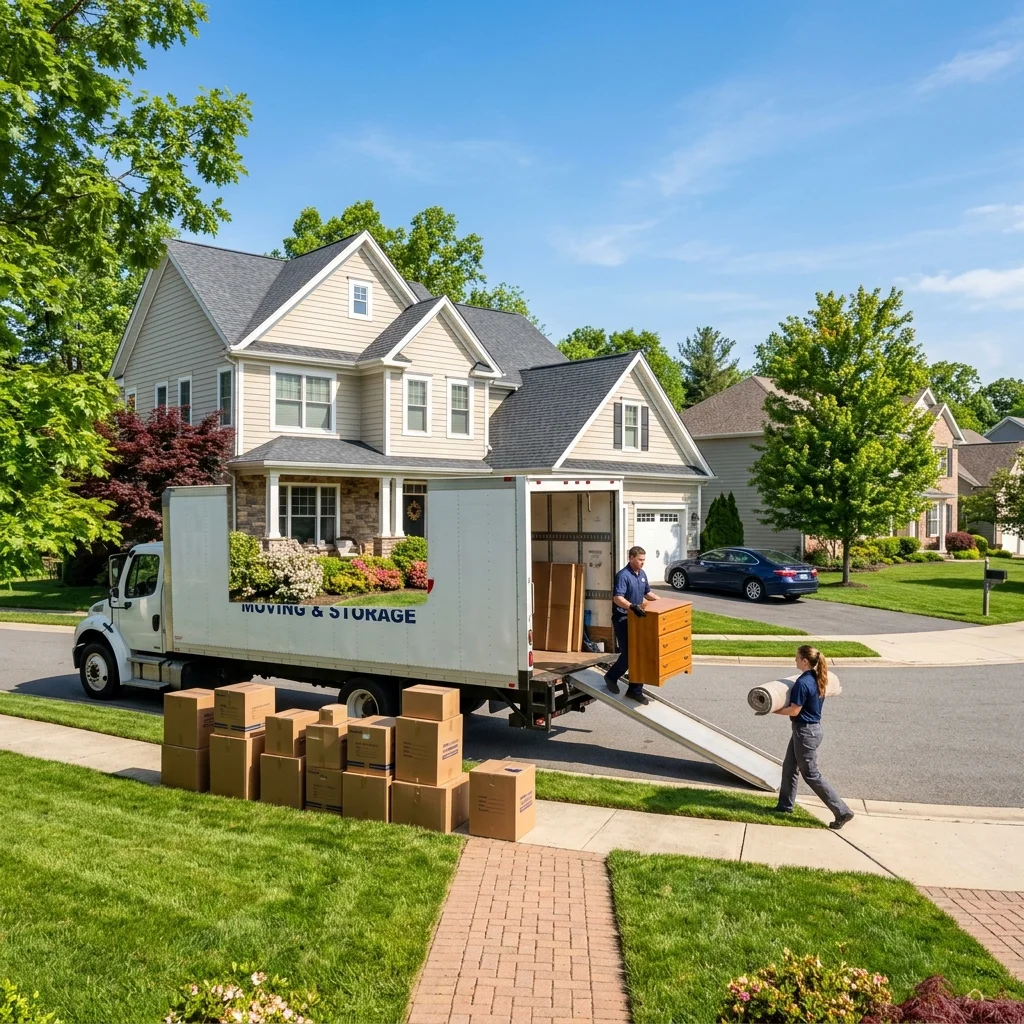 A white moving truck parked outside a suburban house with cardboard boxes stacked on the lawn on a sunny day