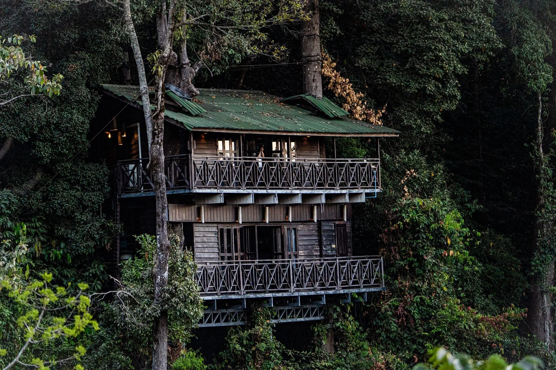 A large tree house nestled in dense green foliage