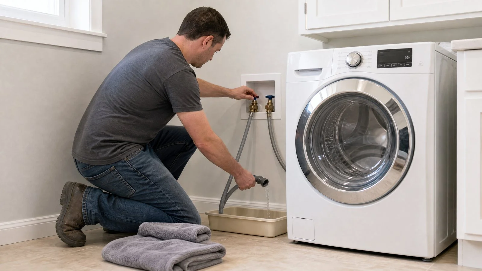 Draining washing-machine hoses into a tray before a move